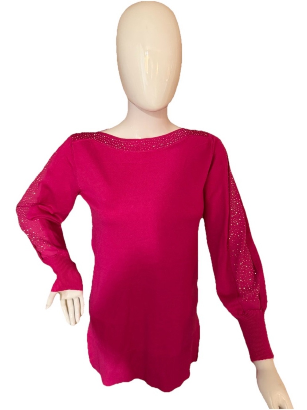 Women's Fuchsia Crew Neck Sweater with Sparkle Sleeve Accents